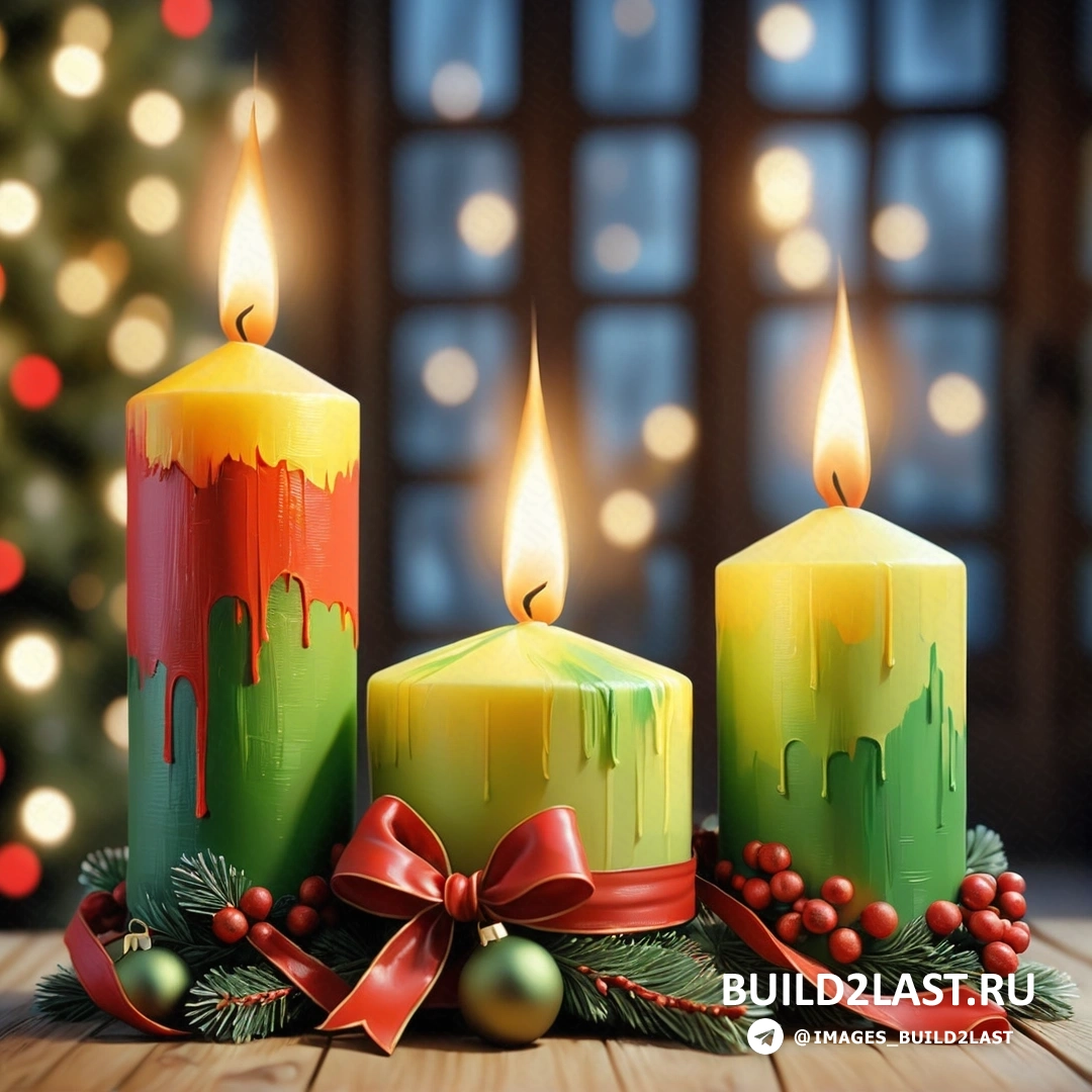 три свечи с рождественскими украшениями на столе с елкой и освещенным окном за ними