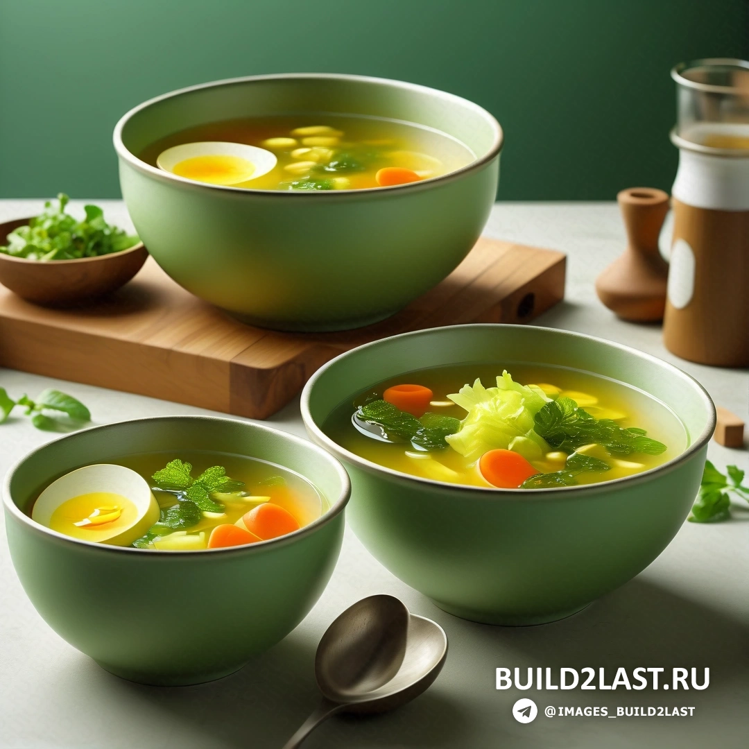 Дау-аль-сет - стоковое фото. Три тарелки супа с яйцами и овощами на столе с ложкой и чашкой кофе сбоку.