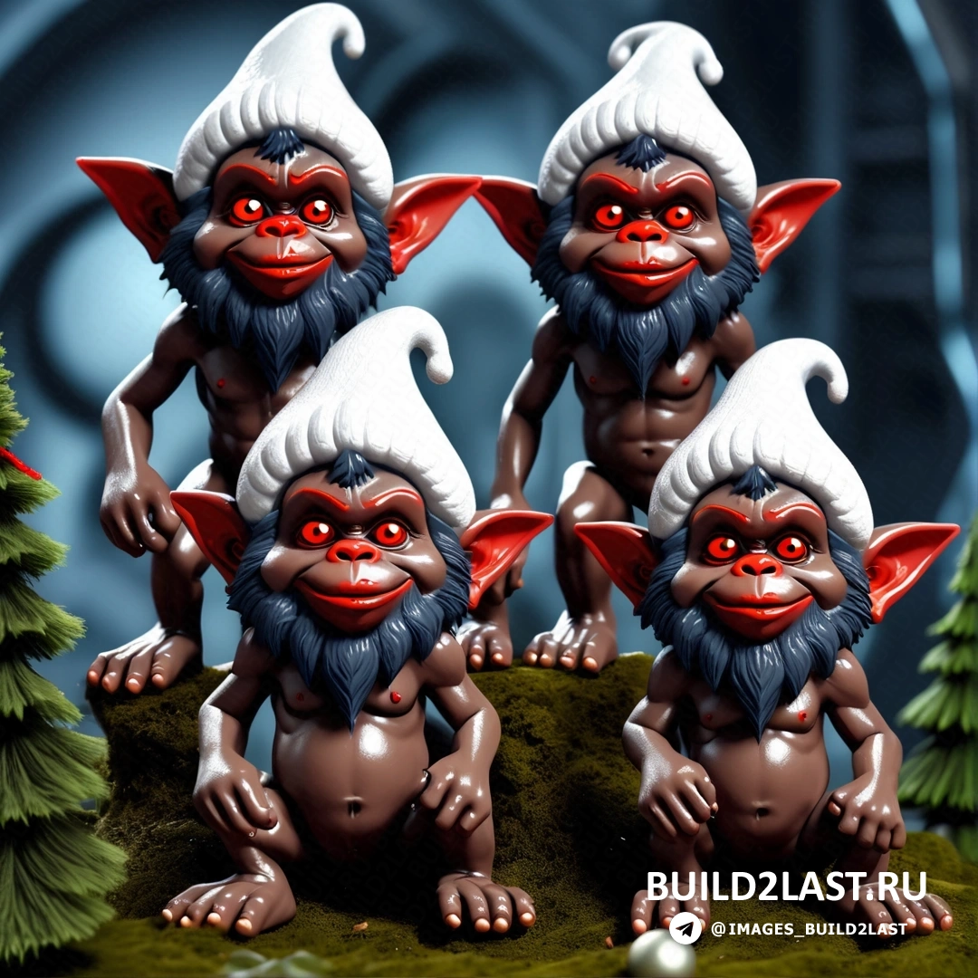 три тролля с красными глазами и белыми волосами стоят в лесу с деревьями и мячами в руках