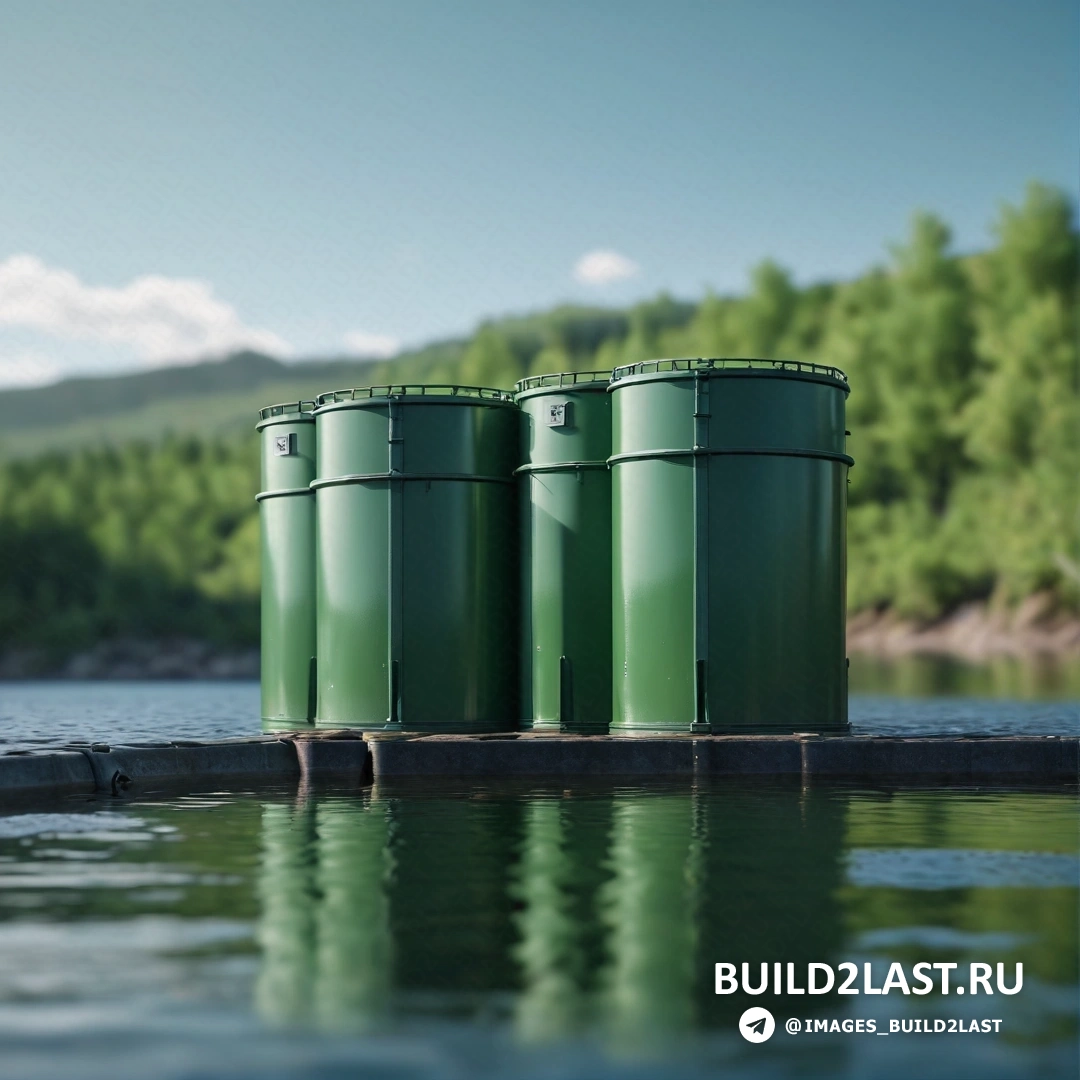 Искусство окружающей среды - цифровая визуализация. Три зеленых мусорных бака на причале в воде около озера с деревьями на заднем плане