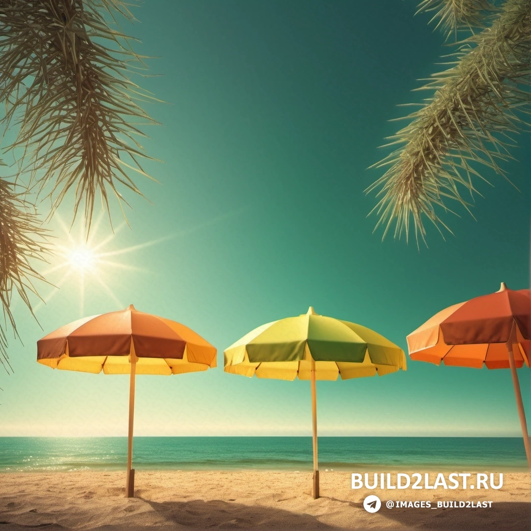 Dau-al-set - стоковая фотография. Три зонтика на пляже у океана, и солнце ярко светит в небе