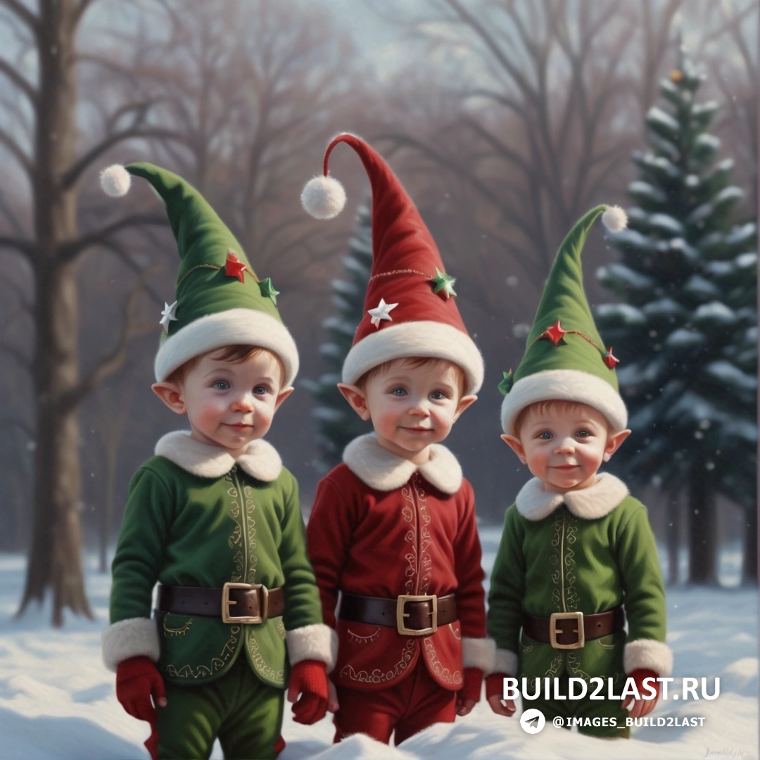 трое детей, одетых в рождественские наряды, стоят на снегу с рождественской елкой и картиной заснеженного леса