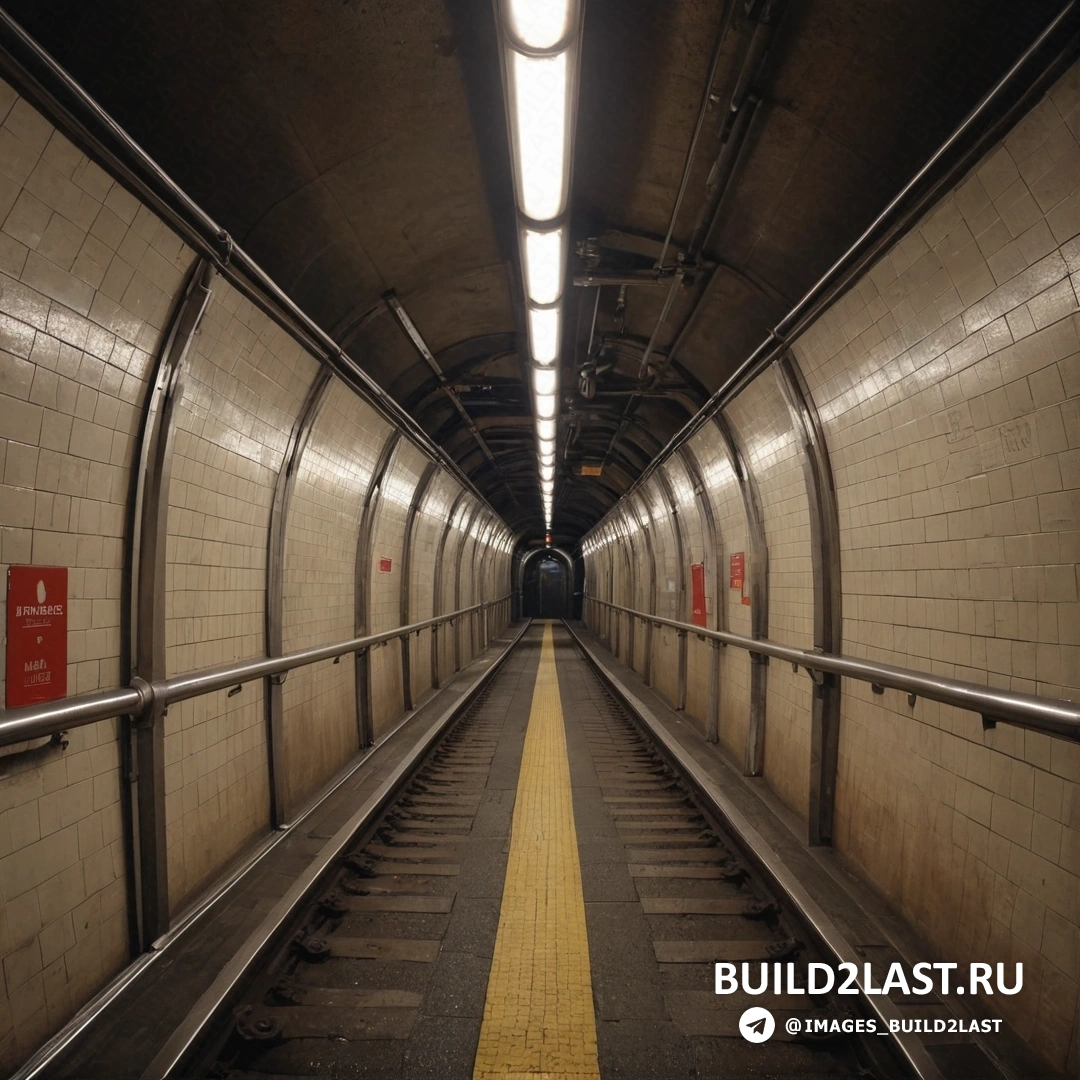 Подземный комикс - фотография со сдвигом наклона. Туннель метро с проходящей через него желтой линией и светом в конце туннеля справа