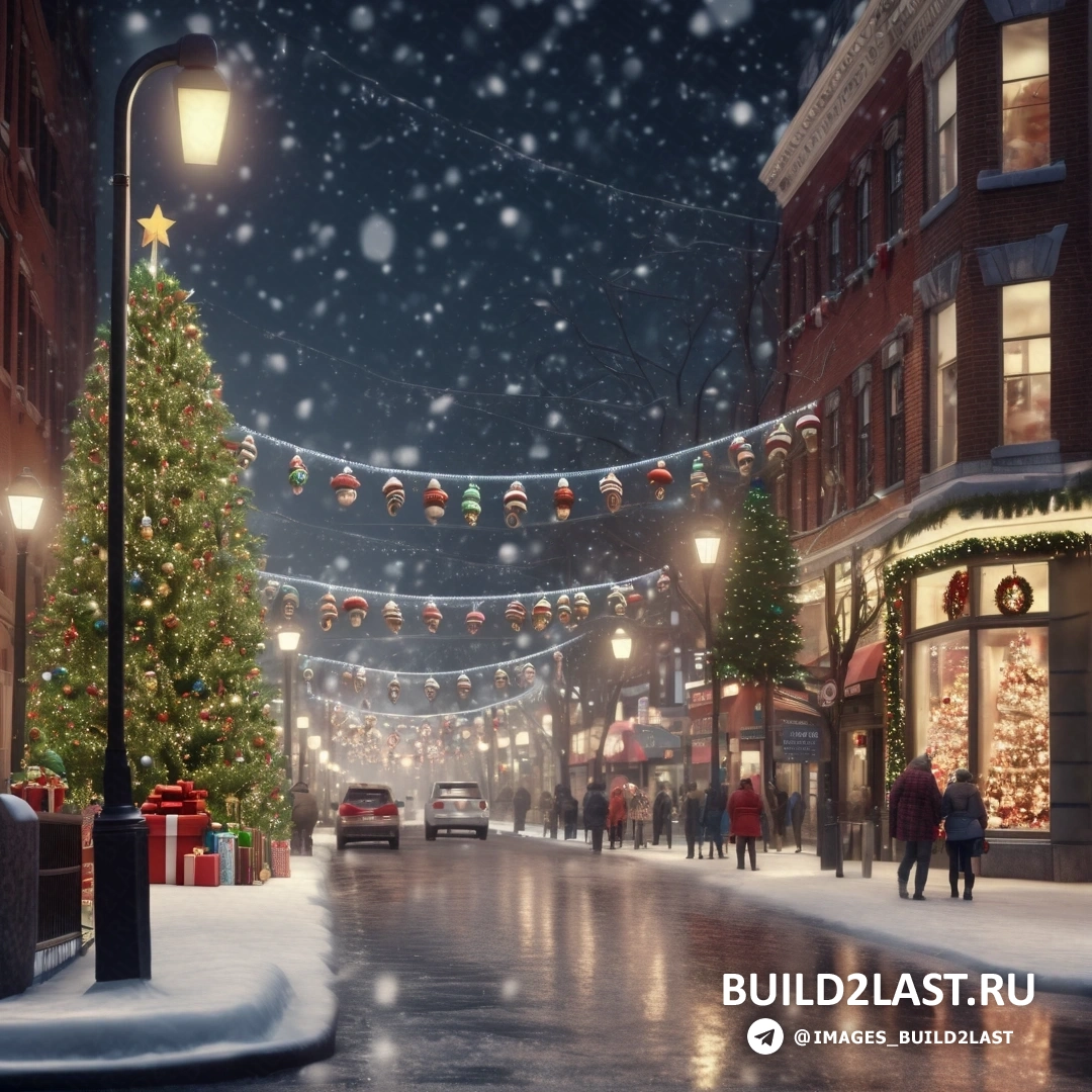 улица с елкой и огнями и люди, идущие по улице в снегу ночью