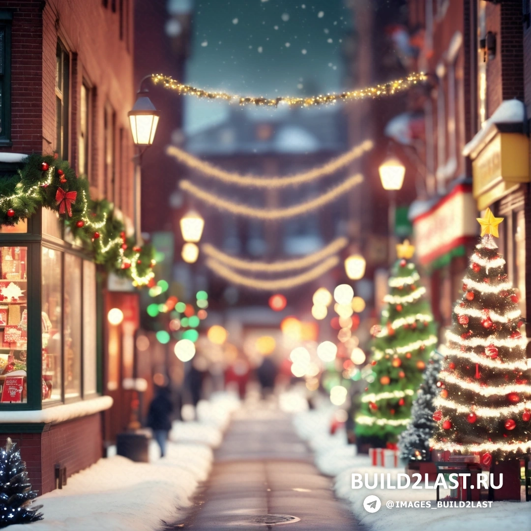 улица с гирляндами и рождественской елкой на обочине и человек, идущий по улице
