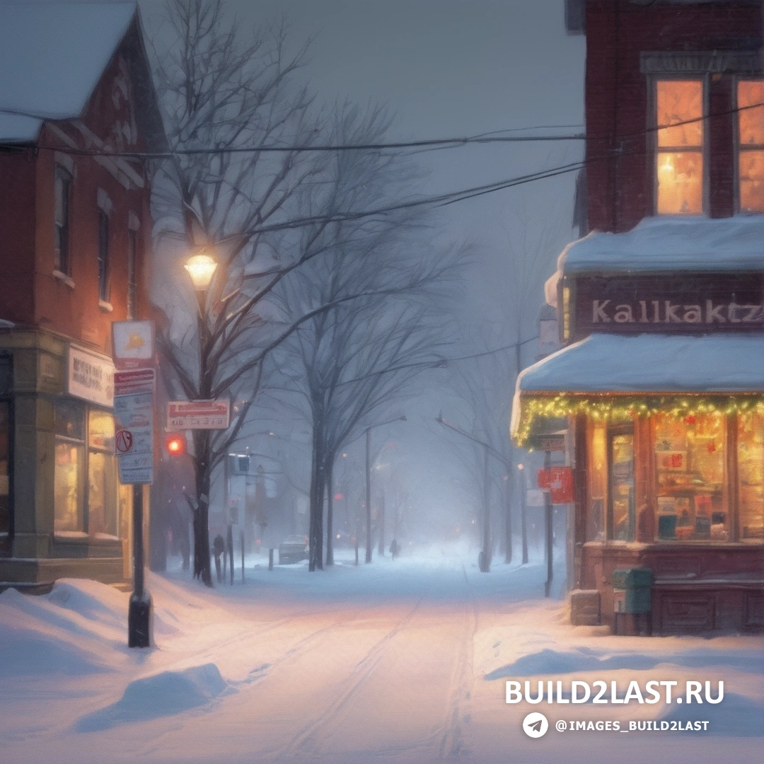 улица с кучей снега и магазин на углу и фонарь вдалеке