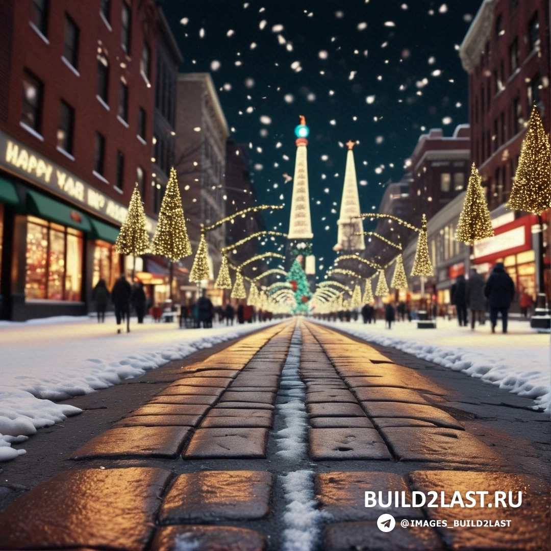 улица с множеством фонарей и зданиями в ночное время, с снегом