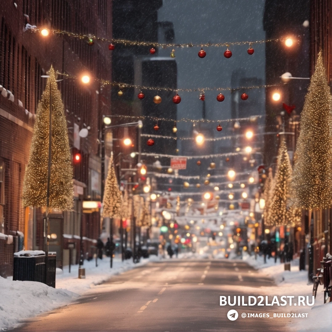 улица с огнями и украшениями в снегу в ночное время с несколькими людьми, идущими по улице