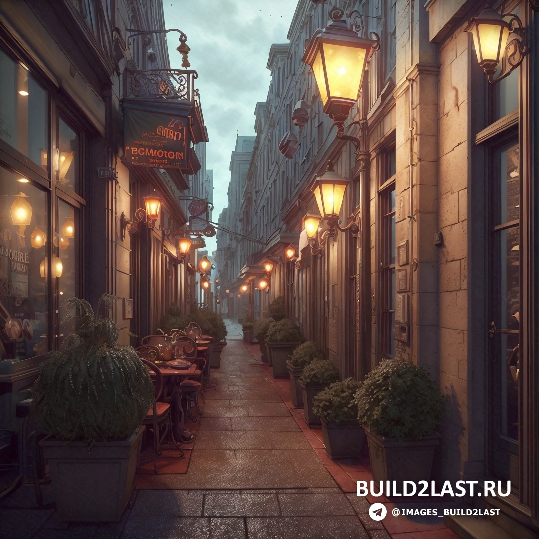 Уличное освещение: фотореализм - детальная матовая живопись. улица со столами и стульями и фонарным столбом на обочине в ночное время с включенным освещением