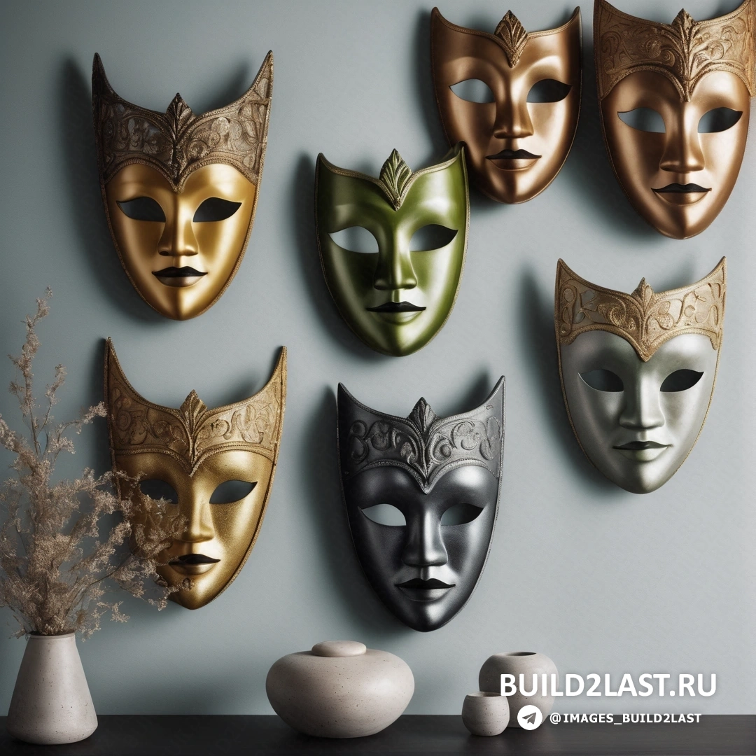 Lyco art - сверхтонкая детализированная живопись. Группа из пяти масок, закрепленных на стене рядом с вазой с растением и вазой.