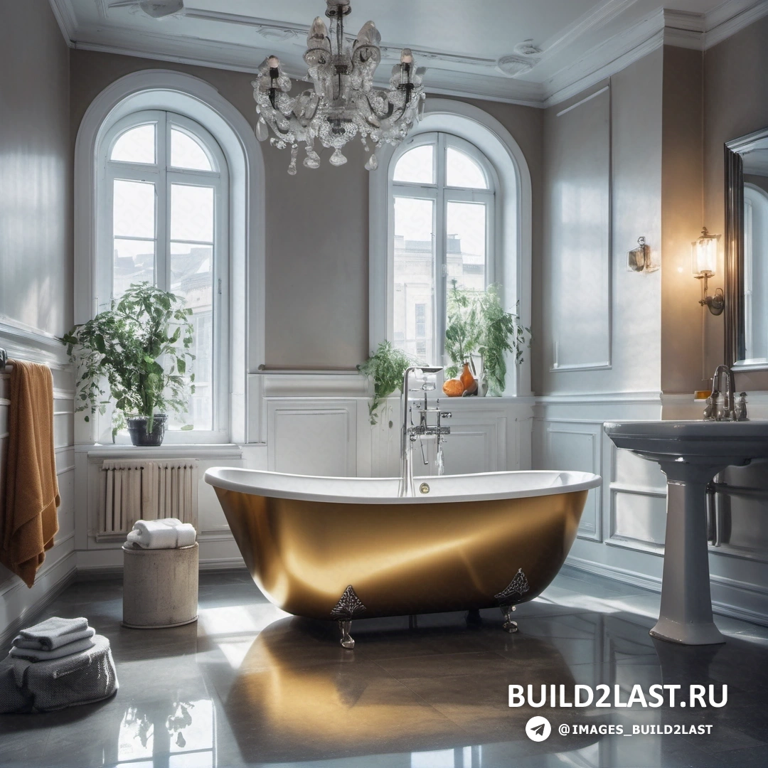 Фотореализм - цифровой рендеринг. Ванная комната с большой ванной и люстрой, свисающей с потолка.