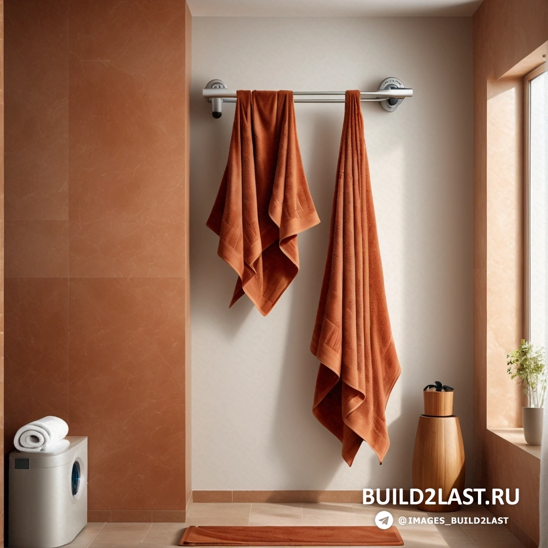 Фотореализм - 3D рендер. Ванная комната с вешалкой для полотенец и полотенцем, висящим на стене рядом с окном с горшечным растением.