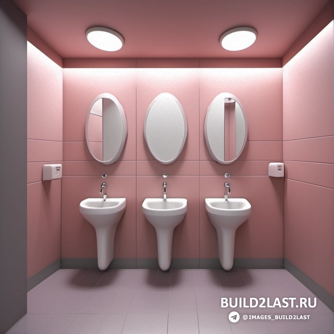 Свет и пространство - 3D-рендер. Ванная комната с тремя раковинами и тремя зеркалами на стене и розовой стеной с белым полом