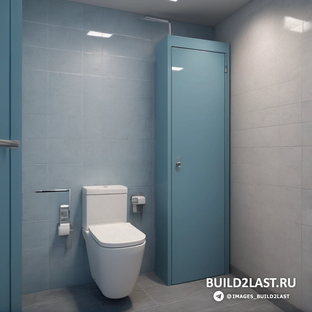 Фотореализм - 3D рендер. Ванная комната с туалетом и синей дверью в кабинке