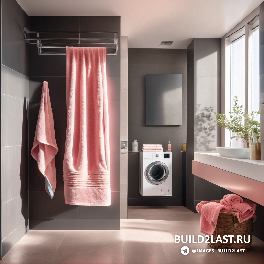 Фотореализм - цифровой рендеринг. Ванная комната со стиральной машиной и розовым полотенцем, висящим на вешалке рядом с окном.