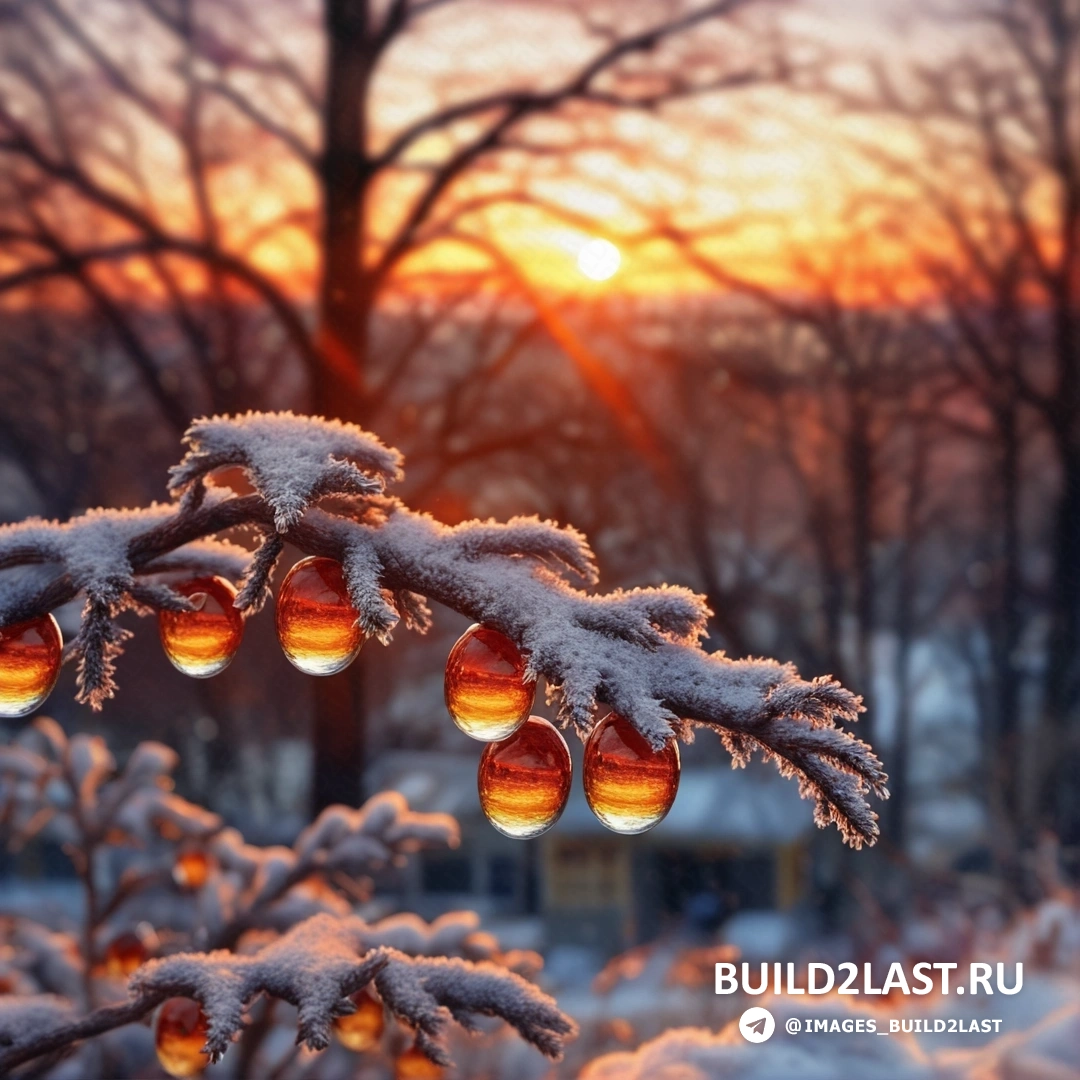 ветка дерева со свисающими с нее каплями на снегу на фоне заходящего солнца