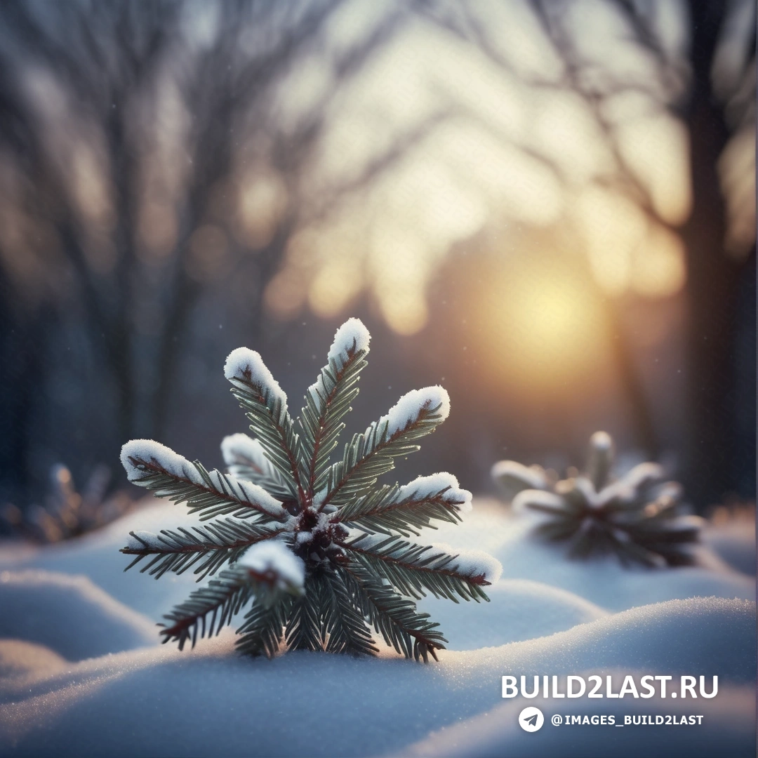 ветка сосны, покрытая снегом, в лесу на закате или на рассвете, когда солнце светит сквозь деревья