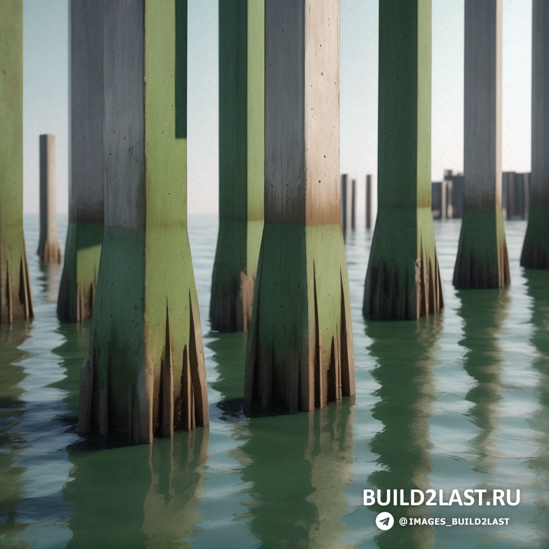Фотореализм - изображение с трассировкой лучей. Вид на пирс с водой и зданием на заднем плане