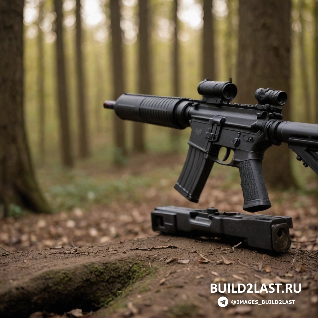 Cobra - tilt shift фото. Винтовка лежит на земле в лесу с прикрепленным к стволу оптическим прицелом