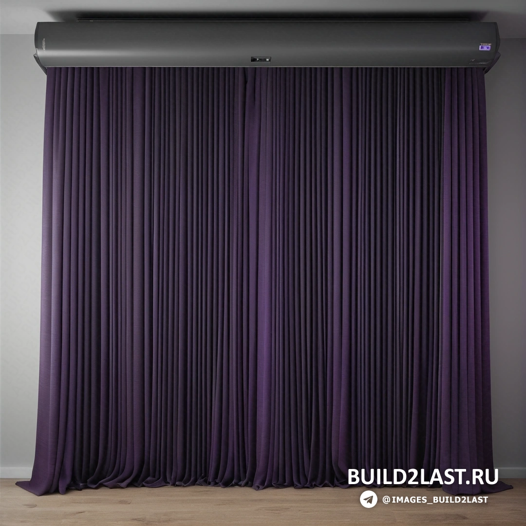 Луизм - 3D рендер. Фиолетовая занавеска висит на стене в комнате с деревянным полом и белой стеной.