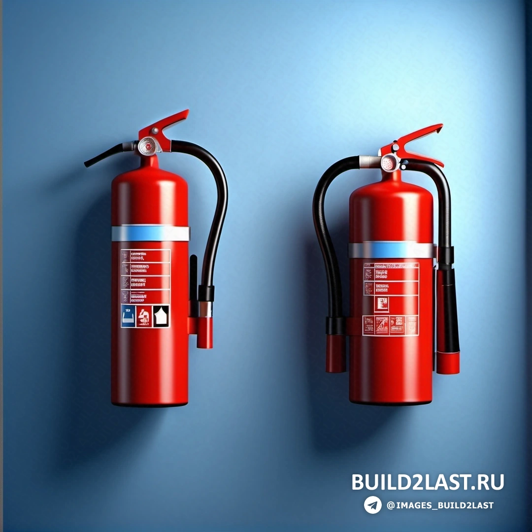 Модульный конструктивизм - цифровой рендеринг. На синей стене висят два красных огнетушителя.