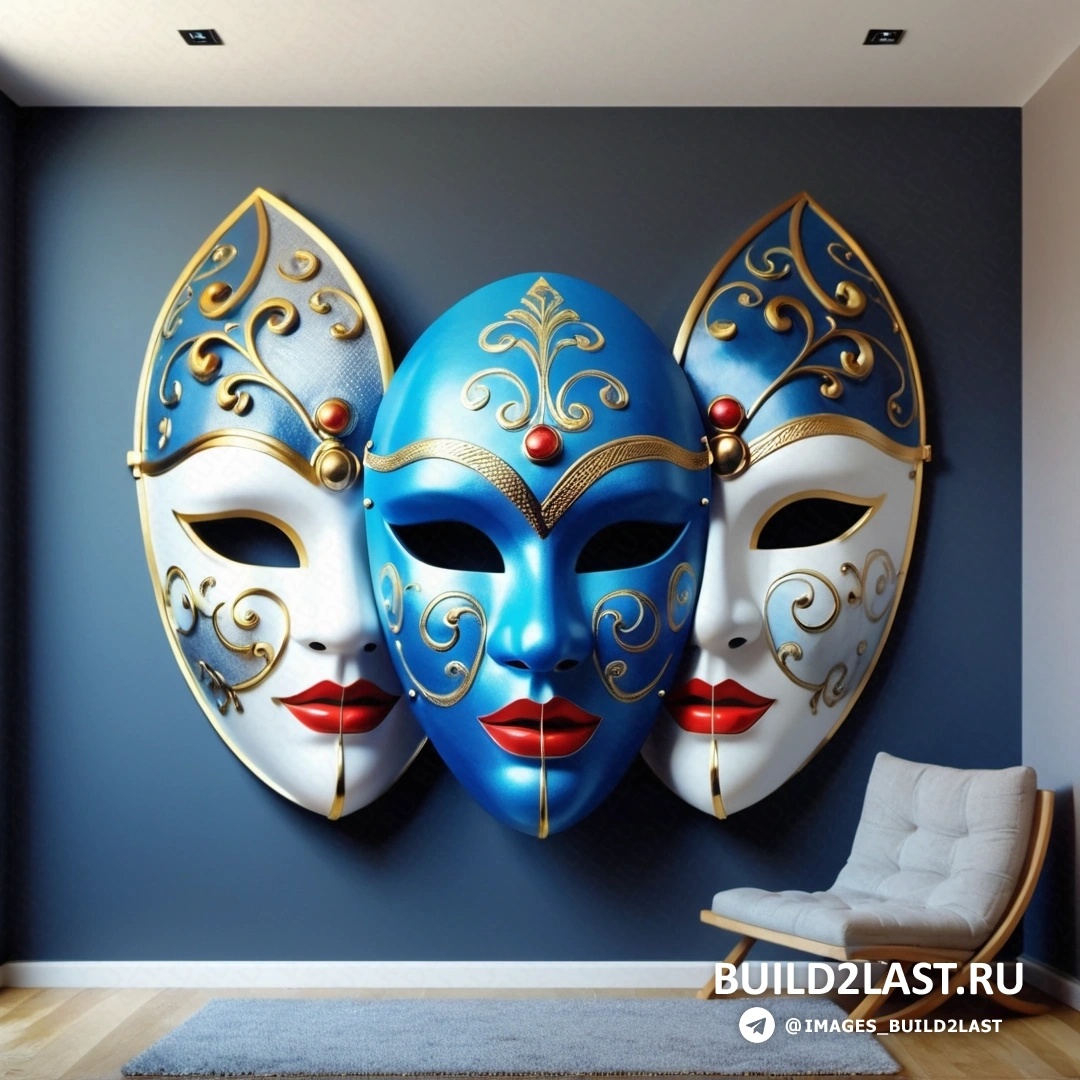 Lyco art - сверхтонкая детализированная живопись. Две маски висят на стене в комнате, перед ней на полу лежит стул и коврик.