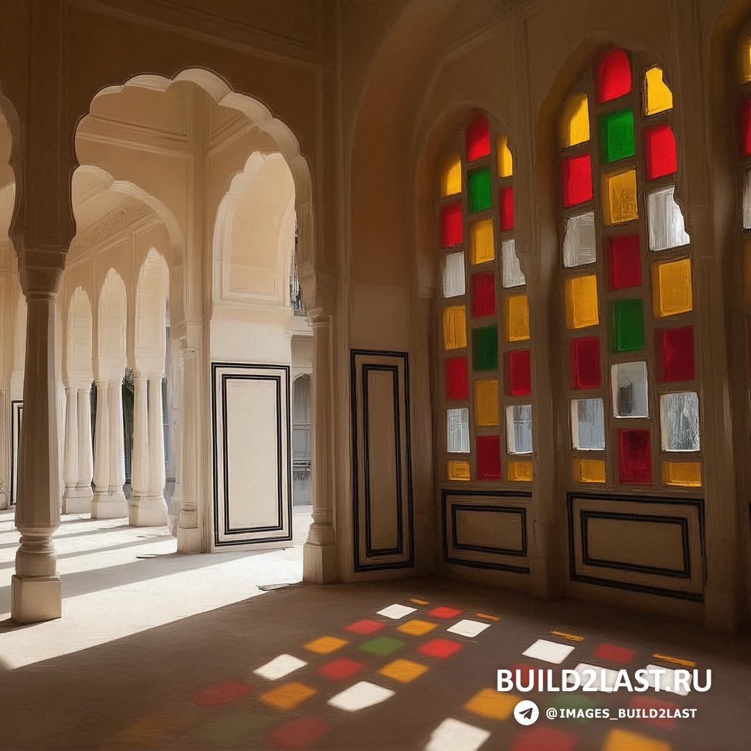 Фасад дворца Hawa Mahal в Джайпуре, украшенный разноцветными витражами и стеклом. Витражи и разноцветные стеклянные элементы на фасаде дворца Hawa Mahal.