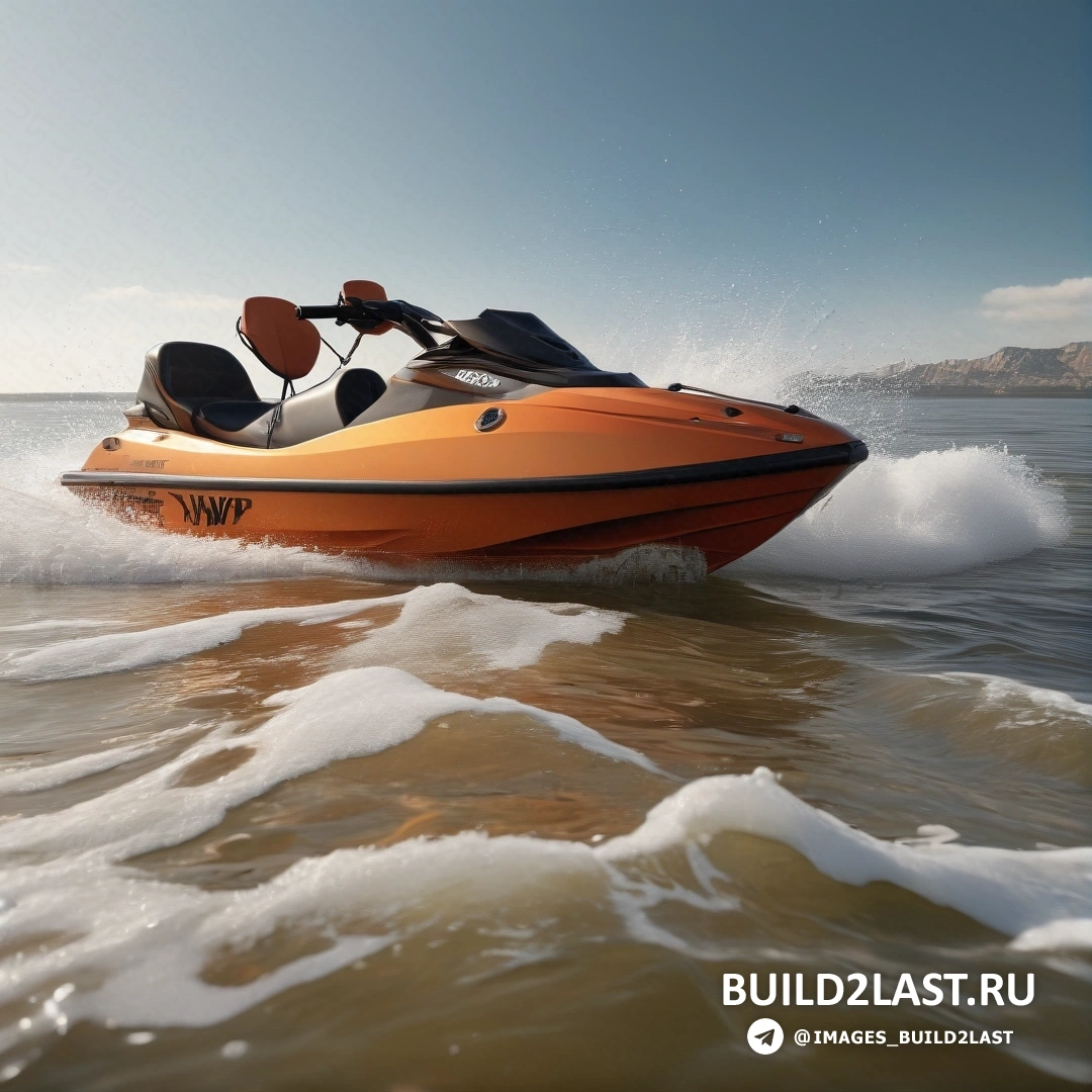Фотореализм - 3D-рендеринг. Гидроцикл мчится по воде в солнечный день, перед ним волны