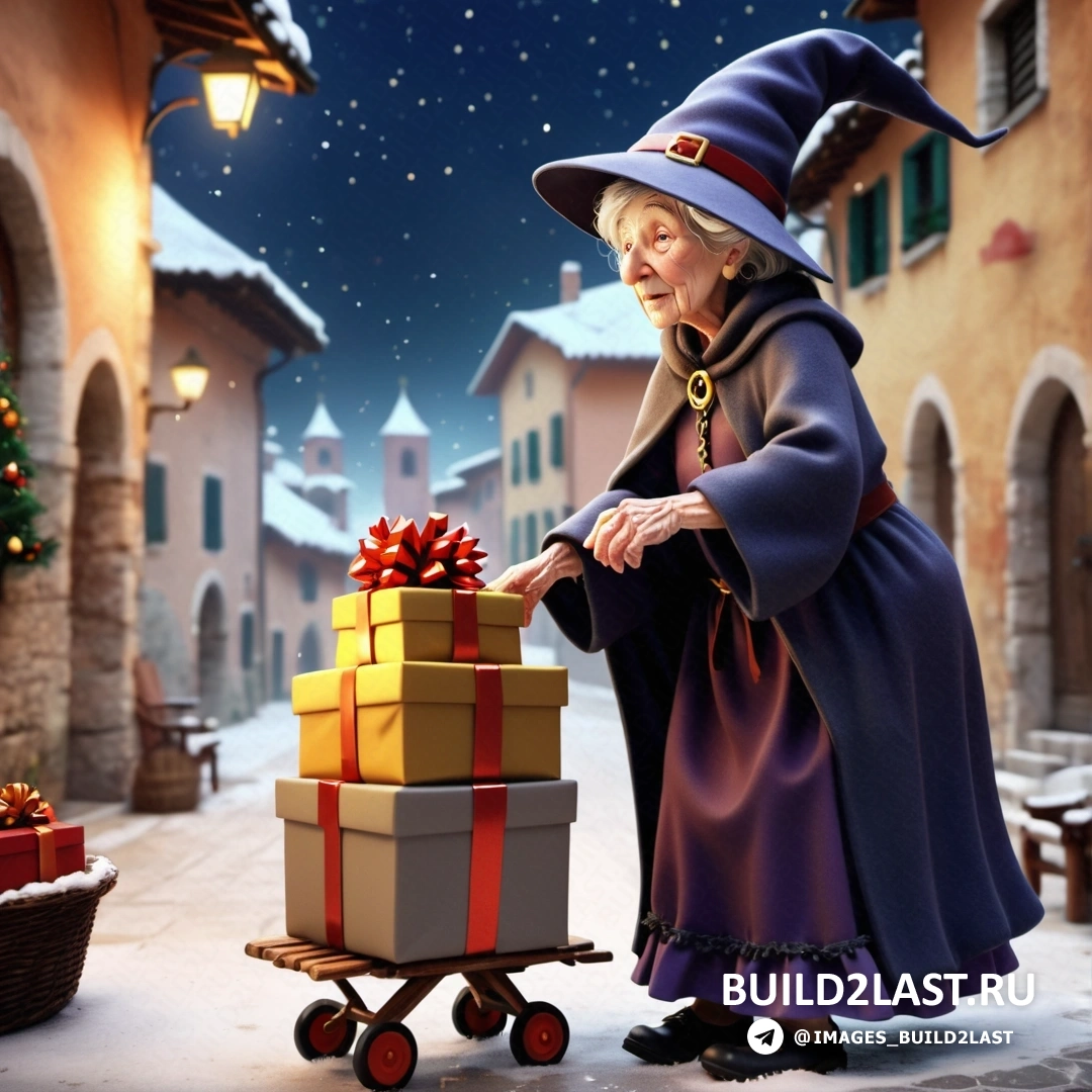 волшебник кладет подарки на тележку в снегу возле дома ночью с елкой