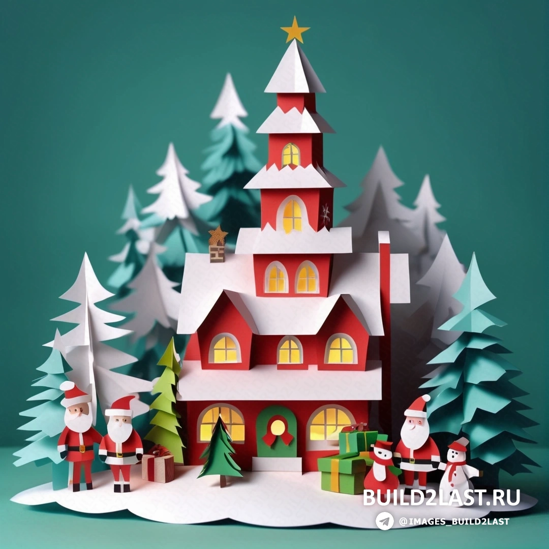 вырезанная из бумаги рождественская сцена с Сантой и снеговиком перед церковью с деревьями и звездой