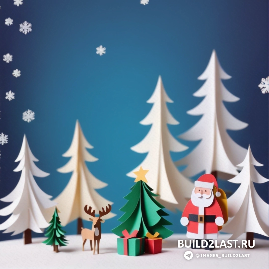 вырезанное из бумаги изображение Санта-Клауса и его оленей в снегу с рождественскими елками и снежинками