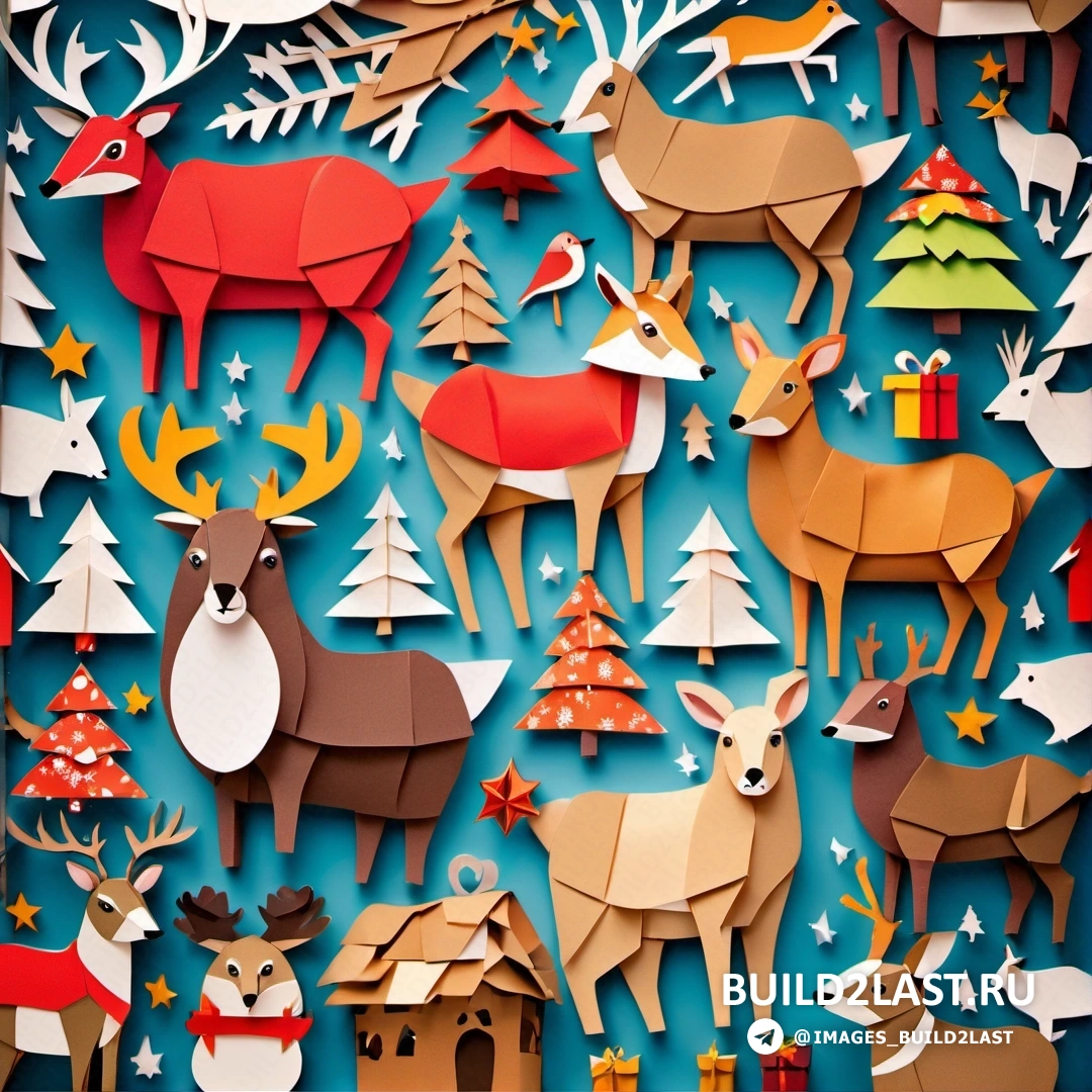 вырезанные из бумаги рождественские животные и деревья на синем фоне со звездами и снежинками внизу