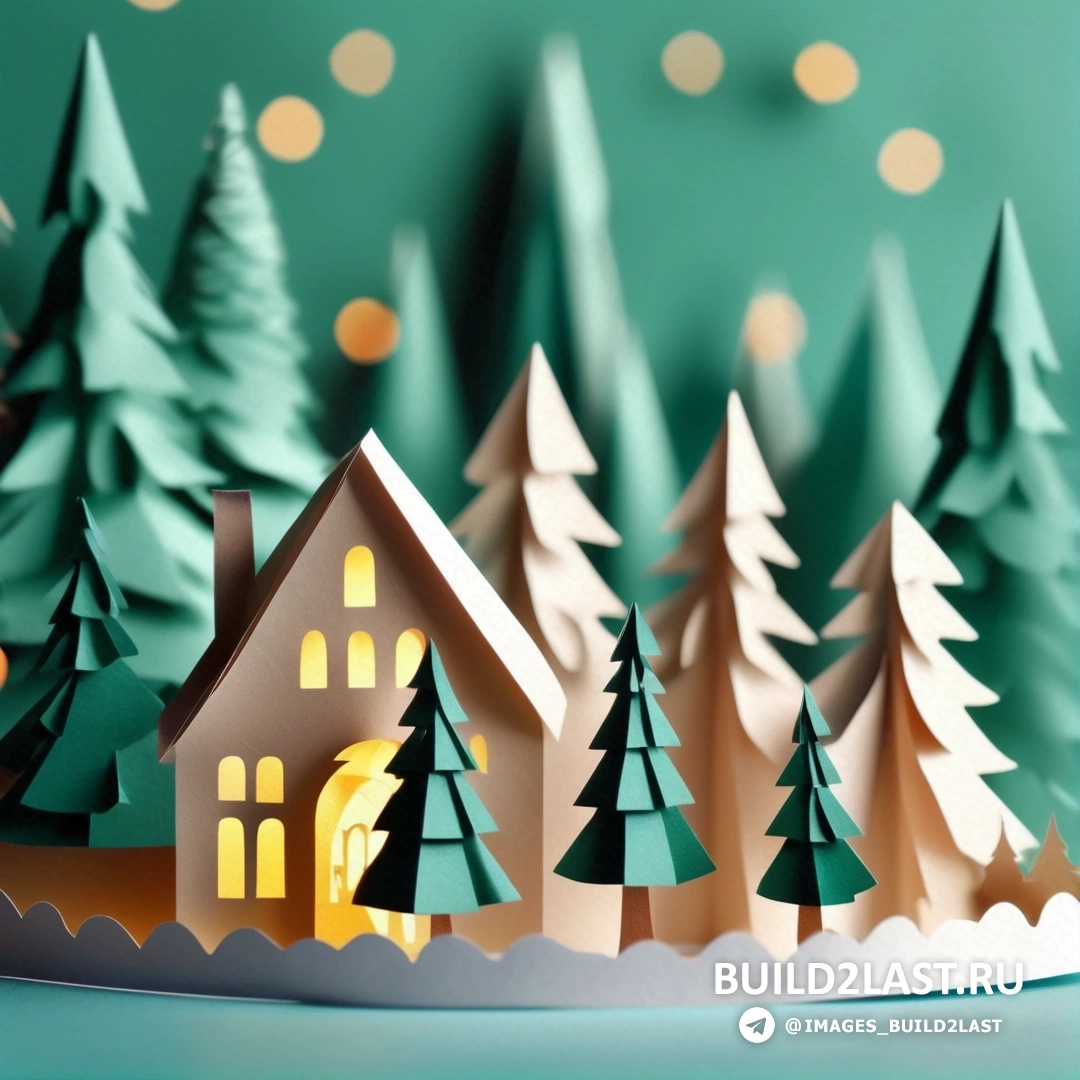 вырезанный из бумаги дом и деревья с рождественским светом на крыше и снегом, падающим с деревьев