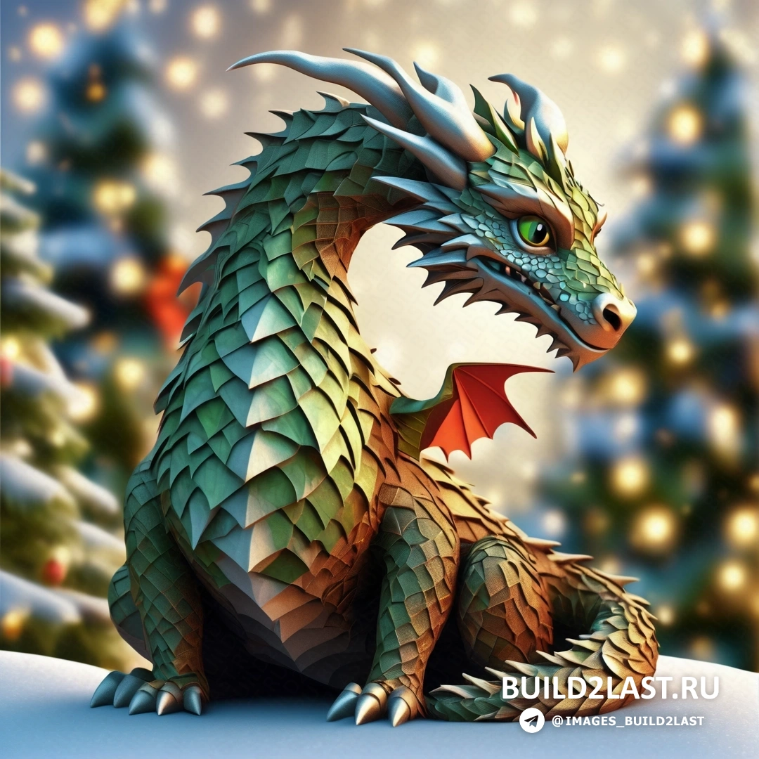 вырезанный из бумаги дракон, на снегу, на фоне рождественской елки с огнями
