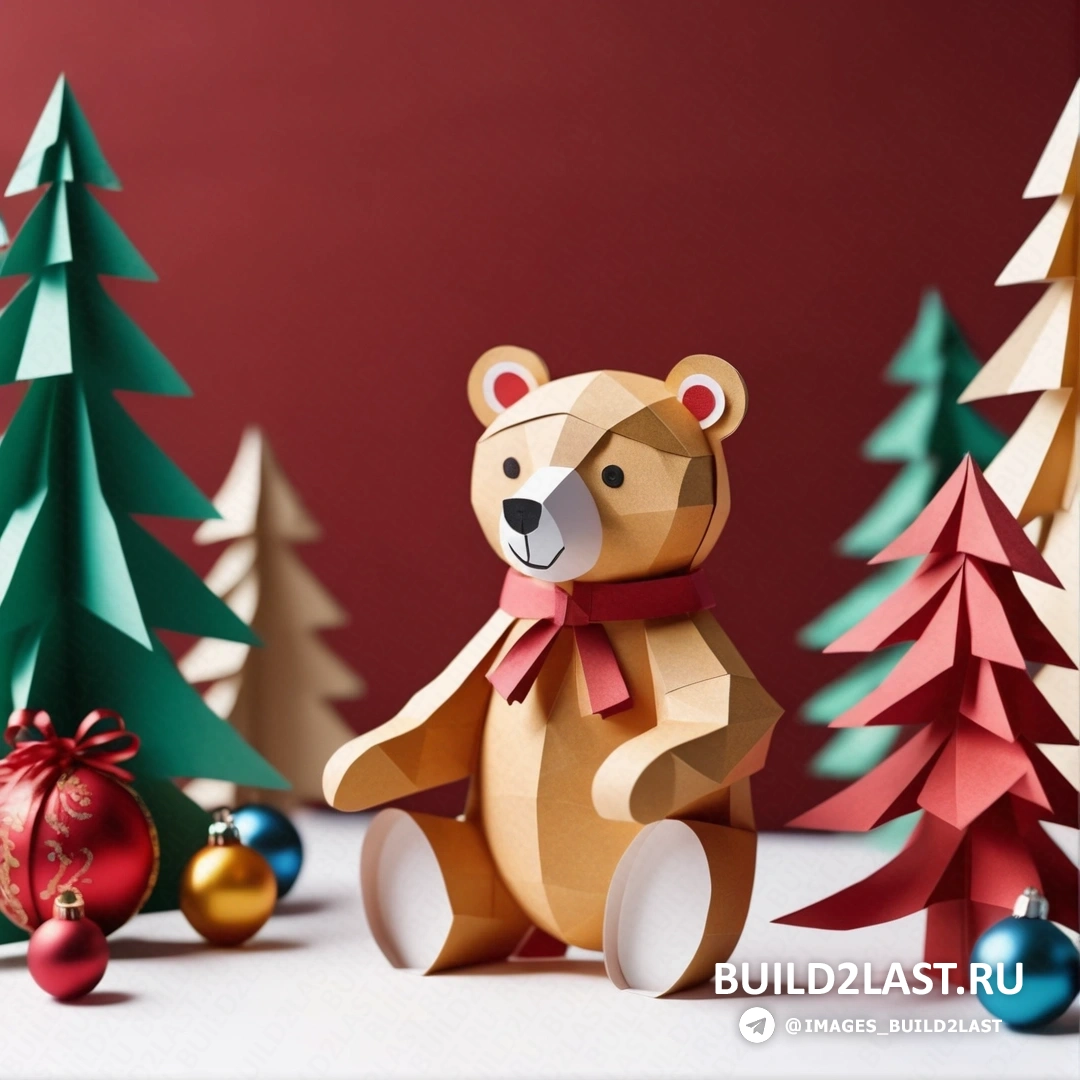 вырезанный из бумаги плюшевый мишка, перед рождественскими елками, с украшениями вокруг него и красным фоном