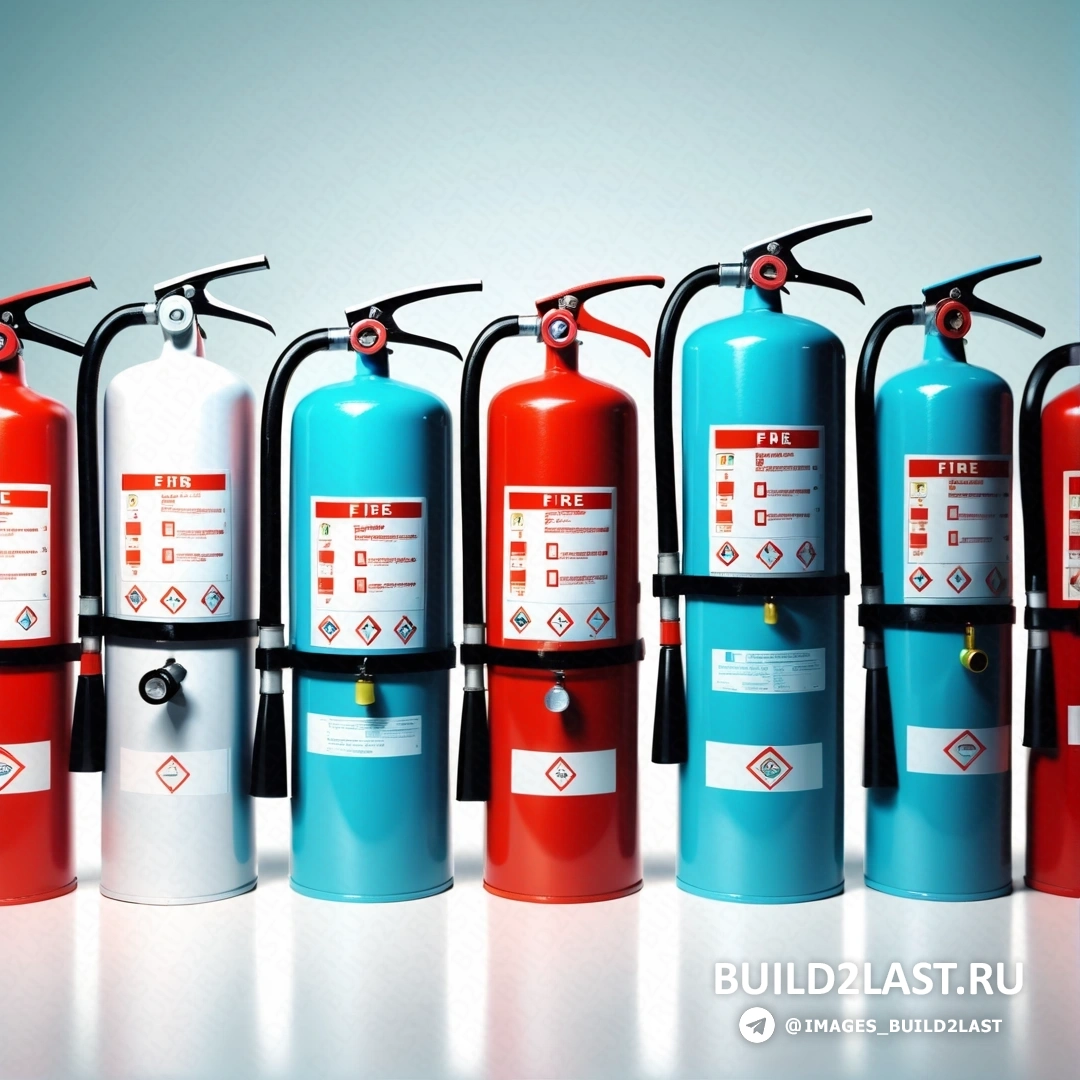 Модульный конструктивизм - стоковое фото. Ряд огнетушителей выстроен в ряд на столе на белом фоне