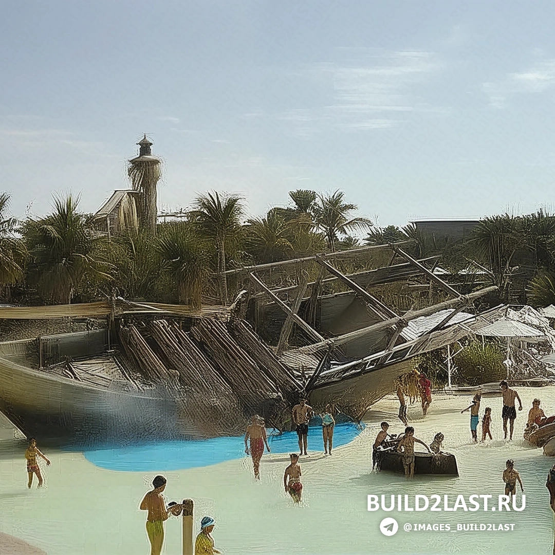 Динамичные аттракционы и горки аквапарка Wild Wadi в Дубае. Яркая сцена аквапарка Wild Wadi в Дубае, ОАЭ, с водными горками и аттракционами.