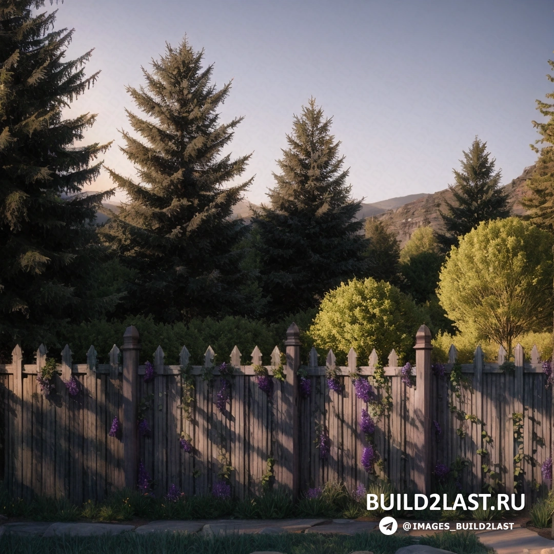 Build2Last: фотореализм - детальная матовая живопись. забор с деревянным столбом и цветущим растением и деревом с горой вдали
