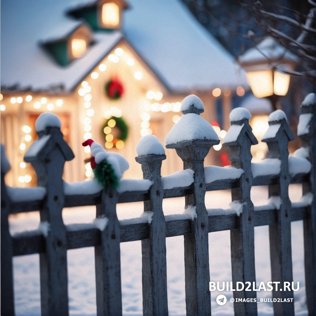 забор с домом, засыпанным снегом, рождественские гирлянды на заборе и венки