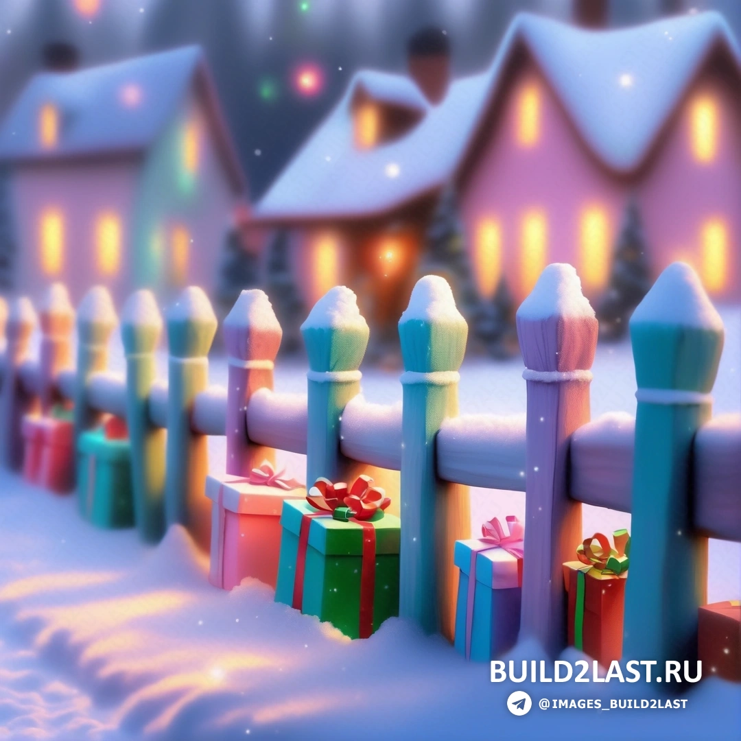 забор с рождественским подарками, завернутыми в цветную бумагу, и дом со снегом