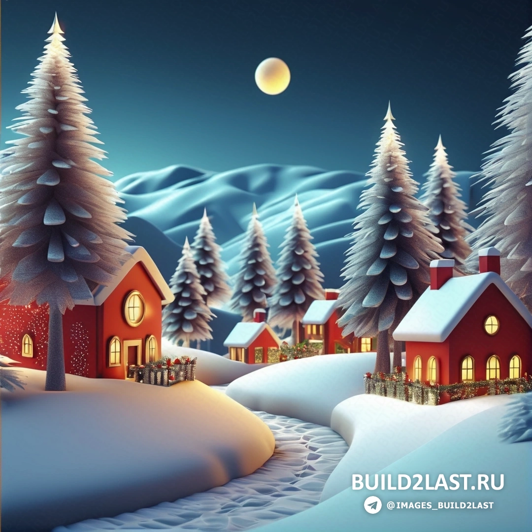 заснеженная деревня с красным домом и полной луной в небе — заснеженный холм