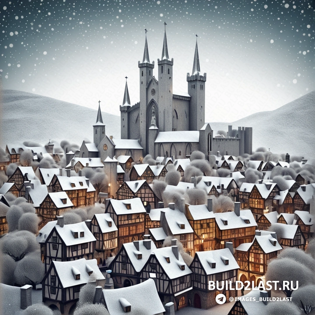 заснеженная деревня с замком и большим количеством снега на земле и деревьями 