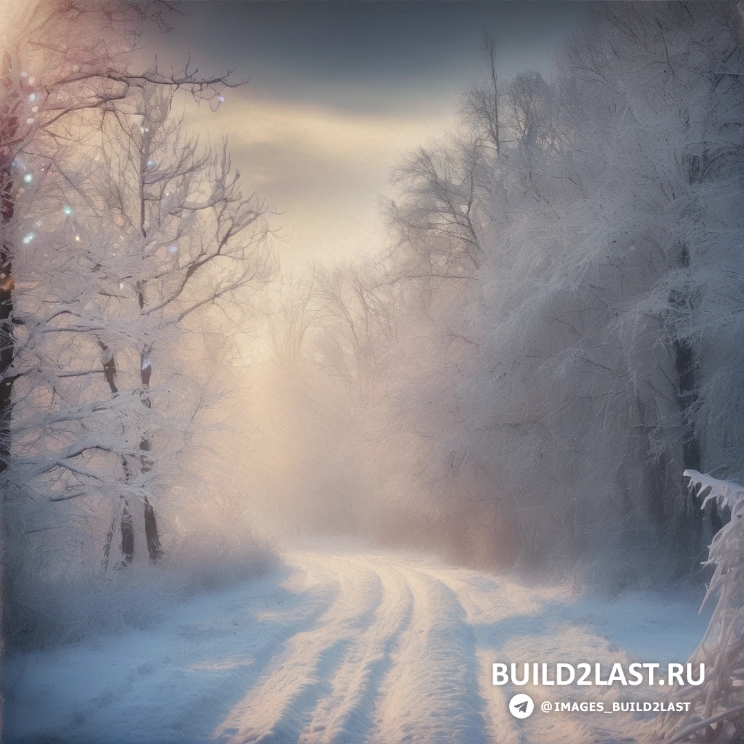 заснеженная дорога со светом, пробивающимся сквозь деревья и снегом на земле и деревьями по обочинам
