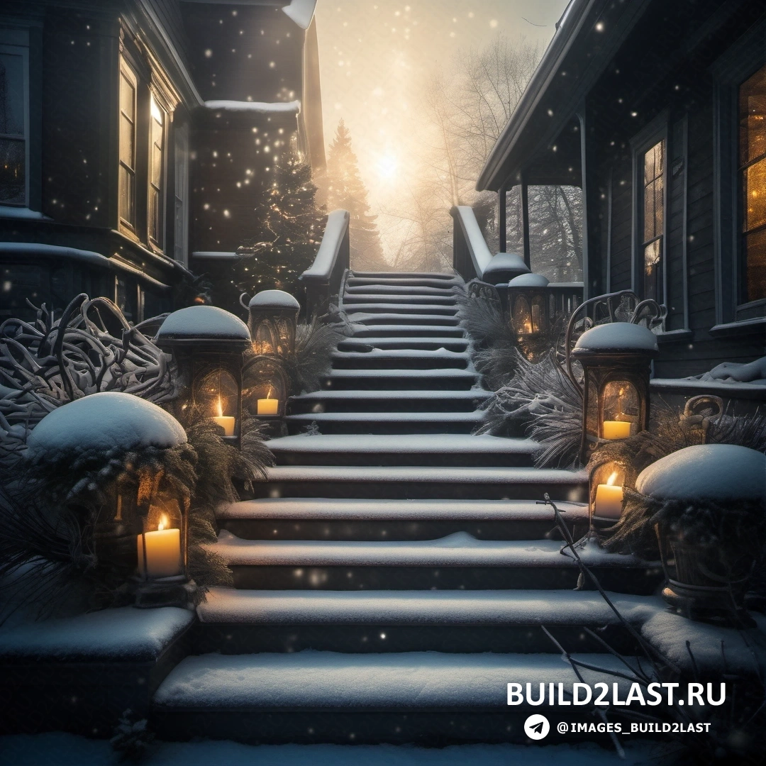 заснеженная лестница, ведущая к дому с зажженными свечами и снег, падающий по ступенькам и ступеньки засыпанные снегом