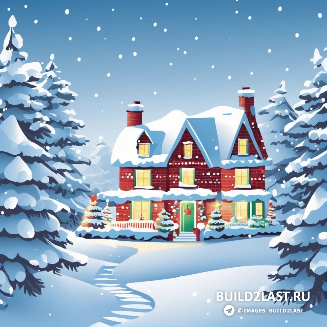 заснеженная рождественская сцена с домом и деревьями и дорожкой, ведущей к входной двери
