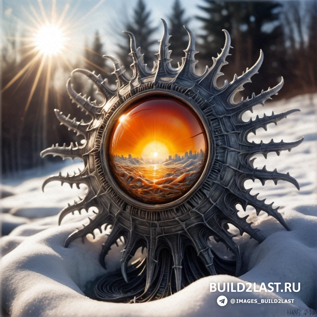 снежынй пейзаж и изображение солнца