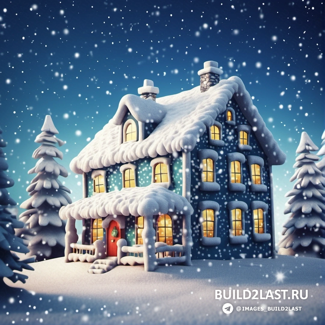 заснеженный дом с красной дверью и окнами в снегу с деревьями и снежинками на земле