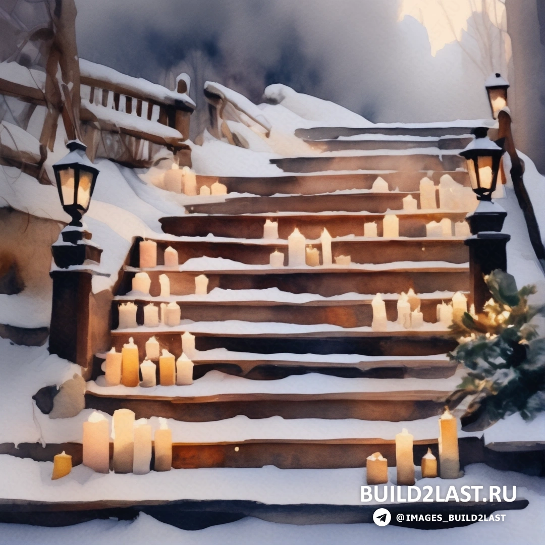 засыпанная снегом ступенька с зажженными свечами и рождественская елка посреди ступени