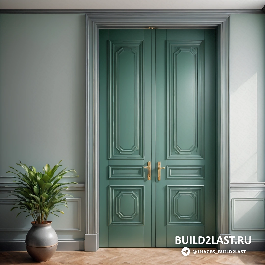 Движение декоративно-прикладного искусства - 3D рендеринг. Зеленая дверь с растением в вазе на полу перед ней.