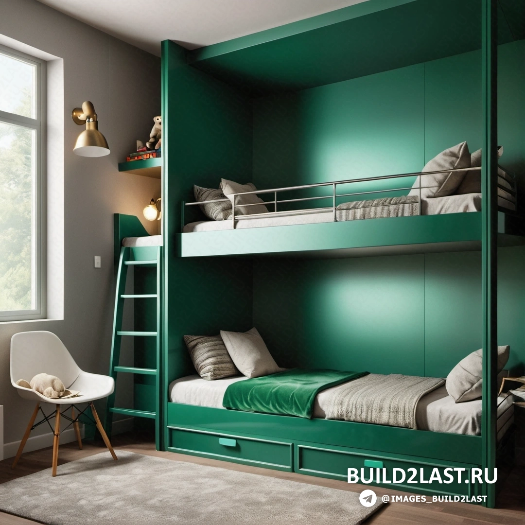 Super Flat - цифровой рендеринг. Зеленая двухъярусная кровать с лестницей и стулом в комнате с окном и ковриком на полу.